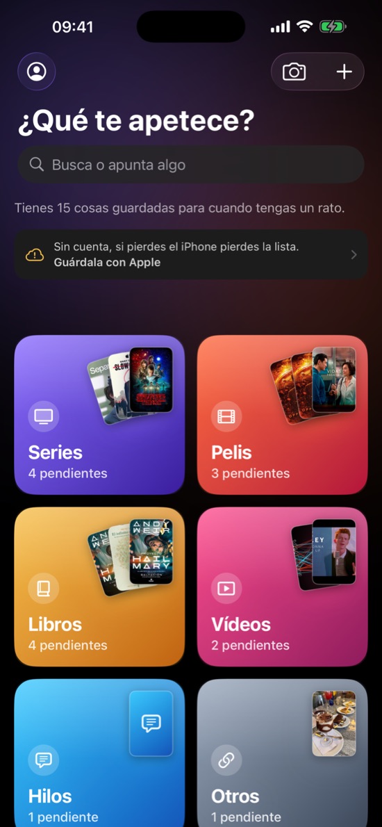 Inicio de Tuck: «¿Qué te apetece?» con tarjetas de Series, Pelis, Libros, Vídeos, Hilos y Otros
